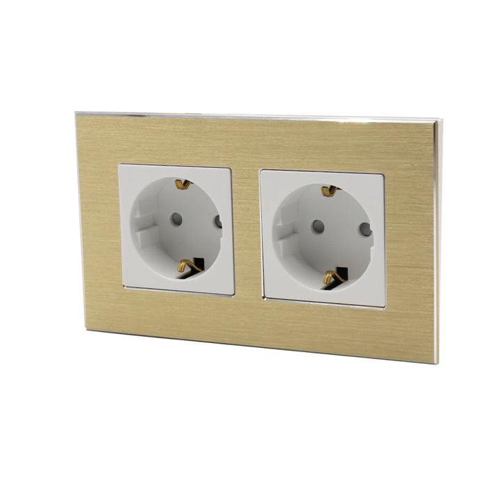 I LumoS Luxury Gold Brushed Aluminium Frame 16A Schuko Double Socket UK & EU Standard