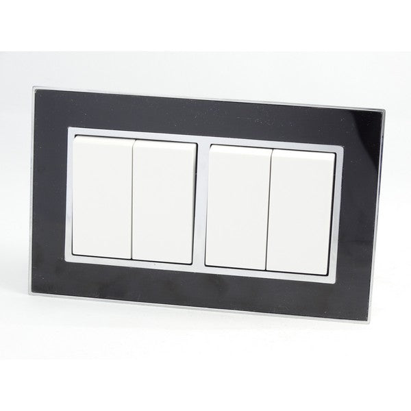 Double Black Mirror Glass Frame with White 4 Gang Rocker Light Switches
