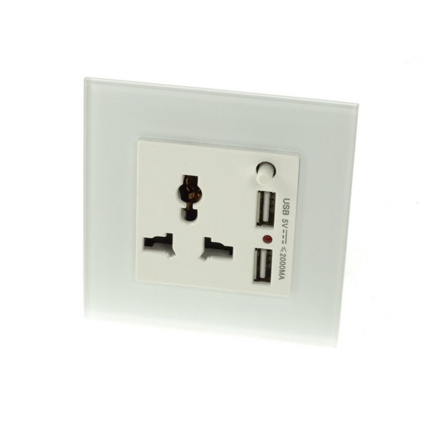 I LumoS AS Luxury White Glass 3 Pin Multi Plug with 2A USB Single Socket
