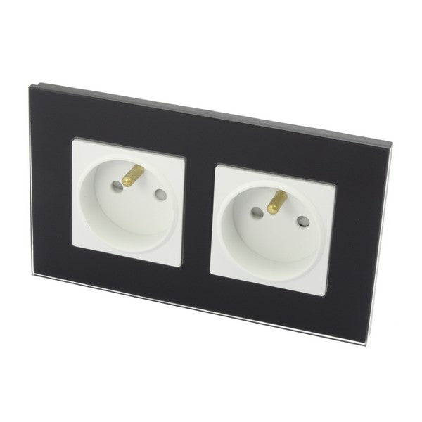 I LumoS Luxury Black Glass 16A French Wall Plug Double Socket UK & EU Standard