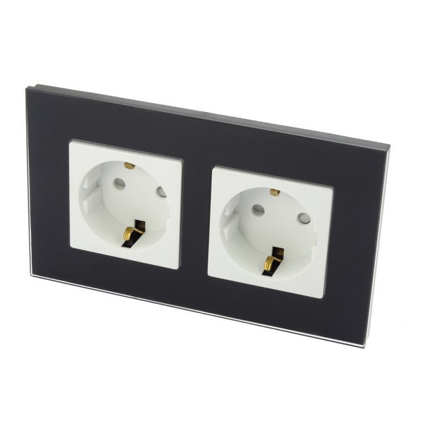 I LumoS Luxury Black Glass Frame Schuko 16A European German Double Socket