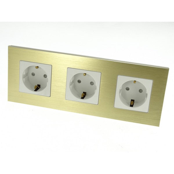 I LumoS Luxury Gold Brushed Aluminium Frame Schuko EU 16A German Triple Socket