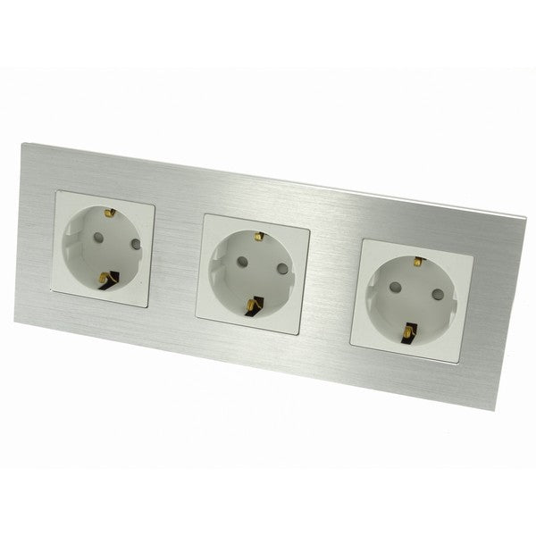 I LumoS Luxury Silver Brushed Aluminium Frame Schuko EU 16A German Triple Socket