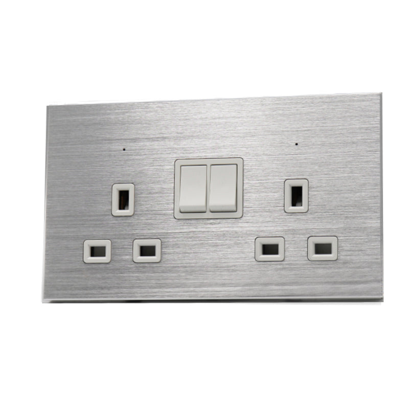 I LumoS Luxury Silver Brushed Aluminium 13A Switched UK Plug Double Socket