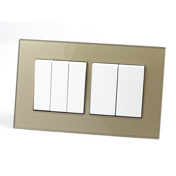 Gold Glass Double Frame with white inserts of 5 rocker light switches