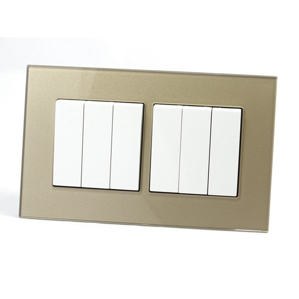 Gold Glass Double Frame with white inserts of 6 rocker light switches