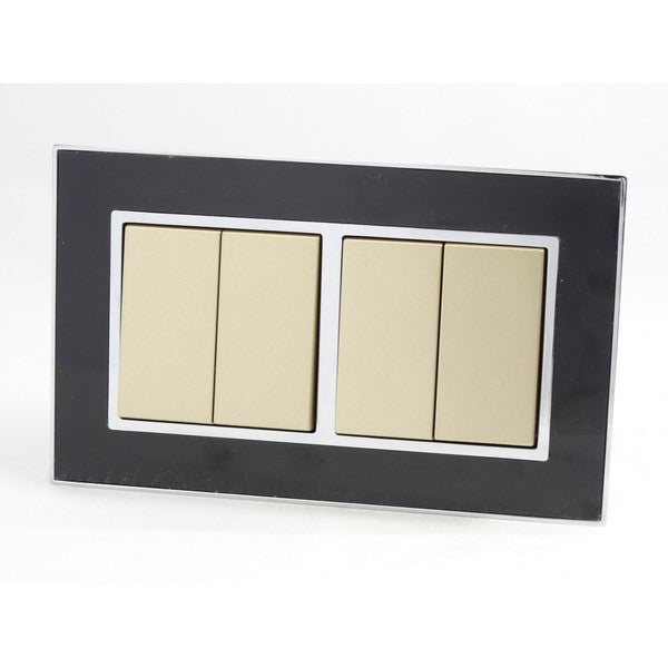 Double Black Mirror Glass Frame with Gold 4 Gang Rocker Light Switches