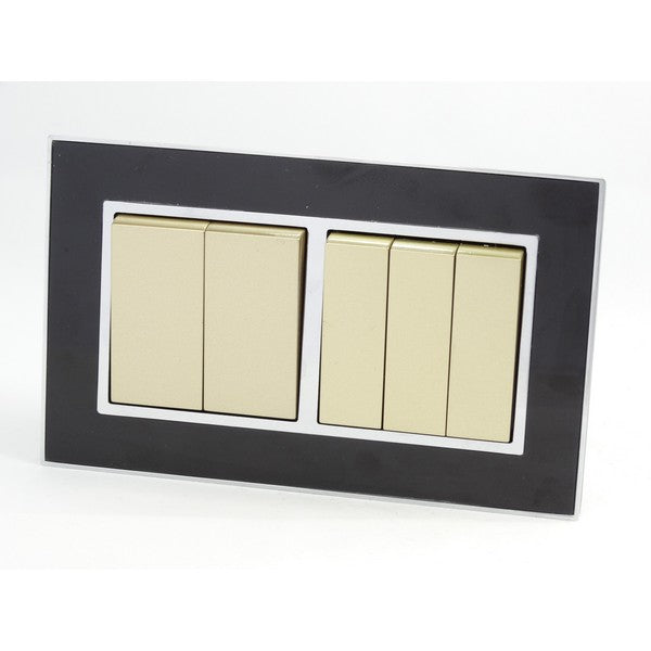 Double Black Mirror Glass Frame with Gold 5 Gang Rocker Light Switches