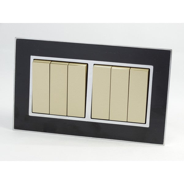 Double Black Mirror Glass Frame with Gold 6 Gang Rocker Light Switches