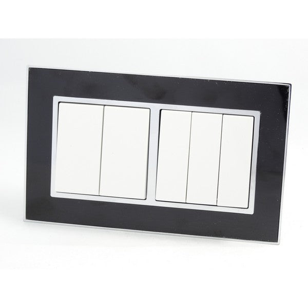 Double Black Mirror Glass Frame with White 5 Gang Rocker Light Switches