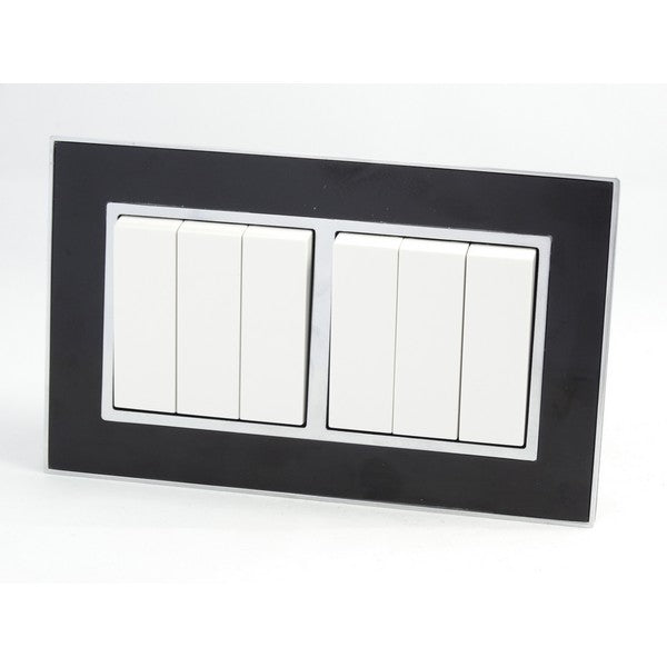 Double Black Mirror Glass Frame with White 6 Gang Rocker Light Switches