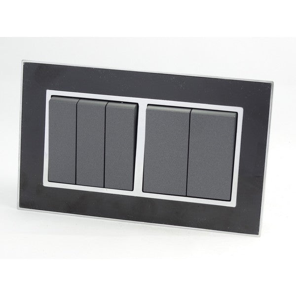 Double Black Mirror Glass Frame with Grey 5 Gang Rocker Light Switches