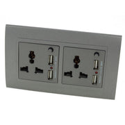 grey plastic double frame with grey insert double 3 pin and 4A USB Socket