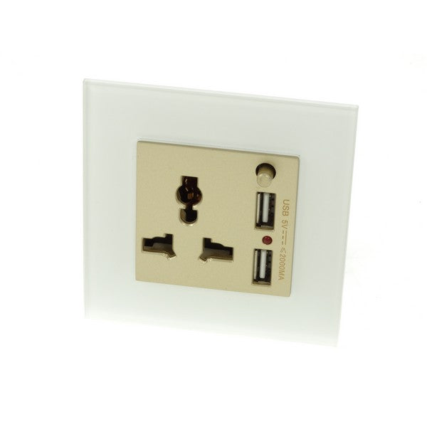 I LumoS AS Luxury White Glass 3 Pin Multi Plug with 2A USB Single Socket