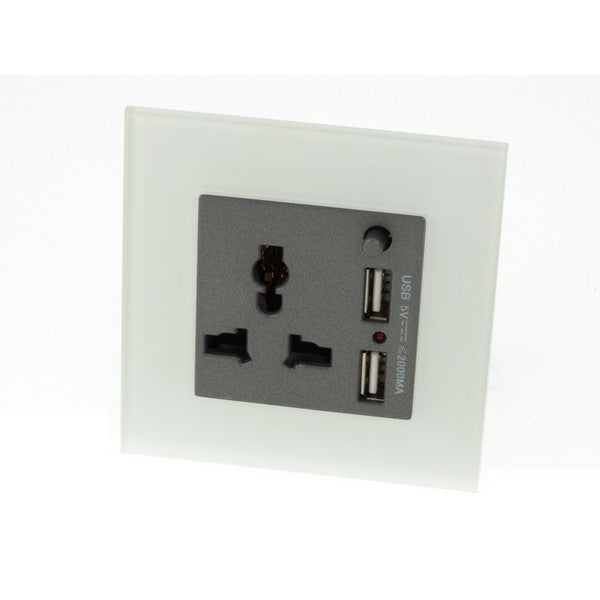 I LumoS AS Luxury White Glass 3 Pin Multi Plug with 2A USB Single Socket