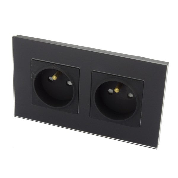 I LumoS Luxury Black Glass 16A French Wall Plug Double Socket UK & EU Standard