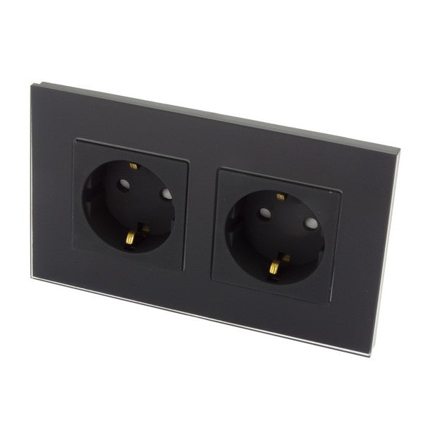 I LumoS Luxury Black Glass Frame Schuko 16A European German Double Socket