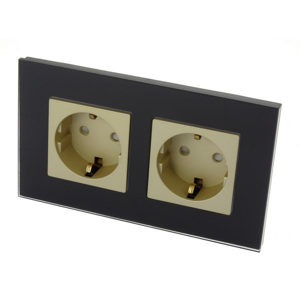 I LumoS Luxury Black Glass Frame Schuko 16A European German Double Socket