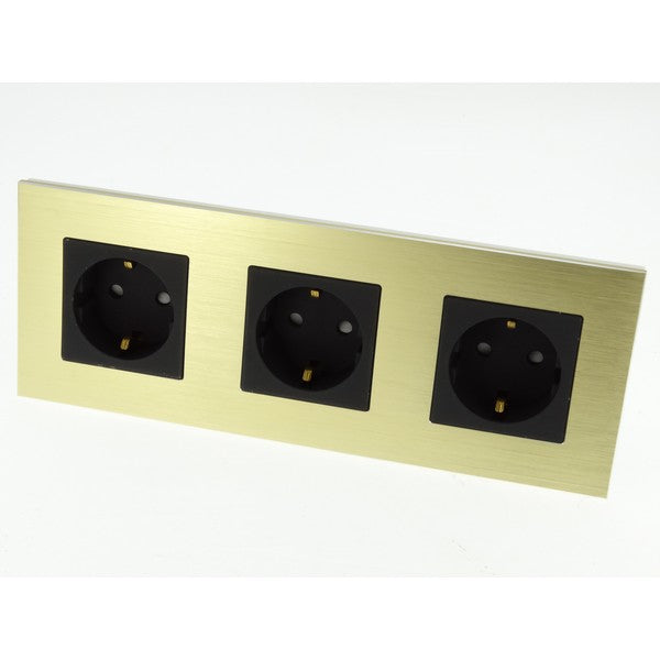 I LumoS Luxury Gold Brushed Aluminium Frame Schuko EU 16A German Triple Socket