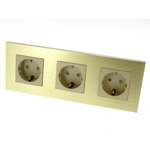 I LumoS Luxury Gold Brushed Aluminium Frame Schuko EU 16A German Triple Socket