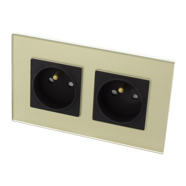 I LumoS Luxury Gold Glass 16A French Wall Plug Double Socket UK & EU Standard